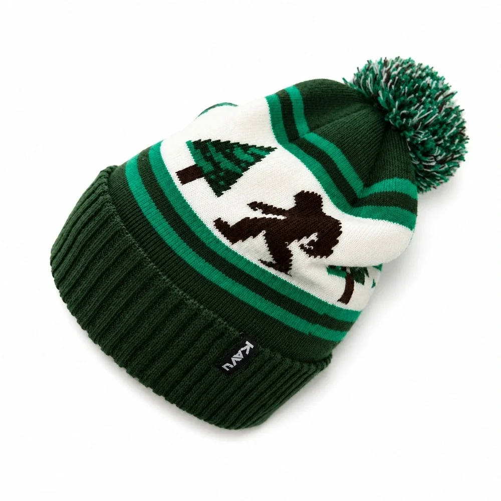 KAVU Beanie Herschel Bigfoot Sasquatch Forest Green Pom Pom Knit Hat Camping